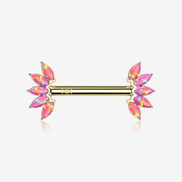 A Pair of 14 Karat Gold OneFit Threadless Marquise Fire Opal Floral Nipple Barbell-Pink Opal